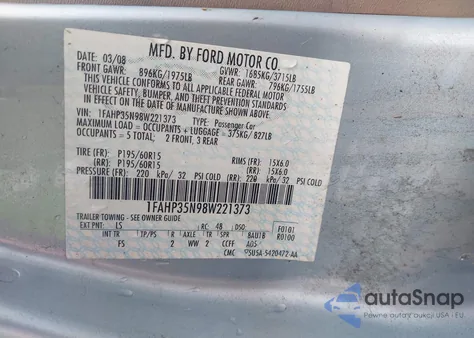 2008 Ford Focus Se/Ses from USA, damaged, VIN 1FAHP35N98W221373